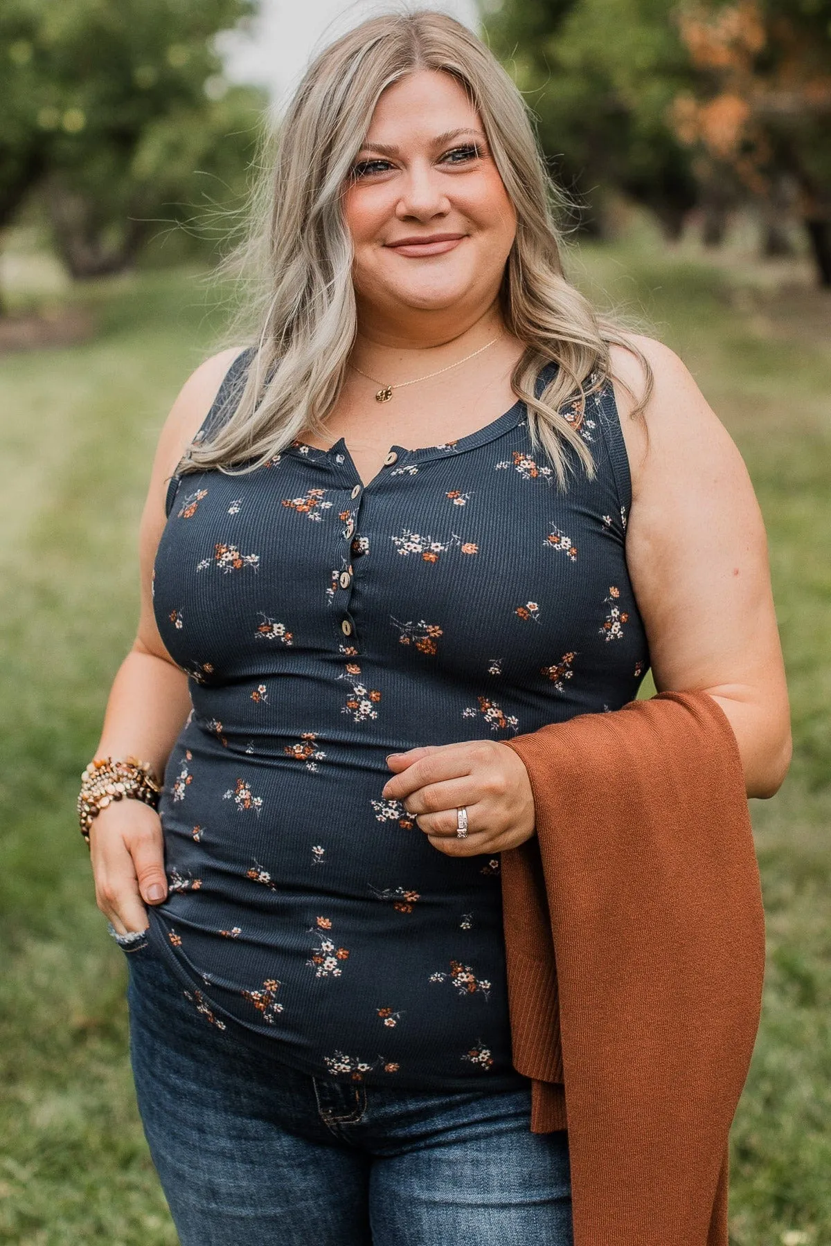 Friends For Life Floral Tank Top- Navy
