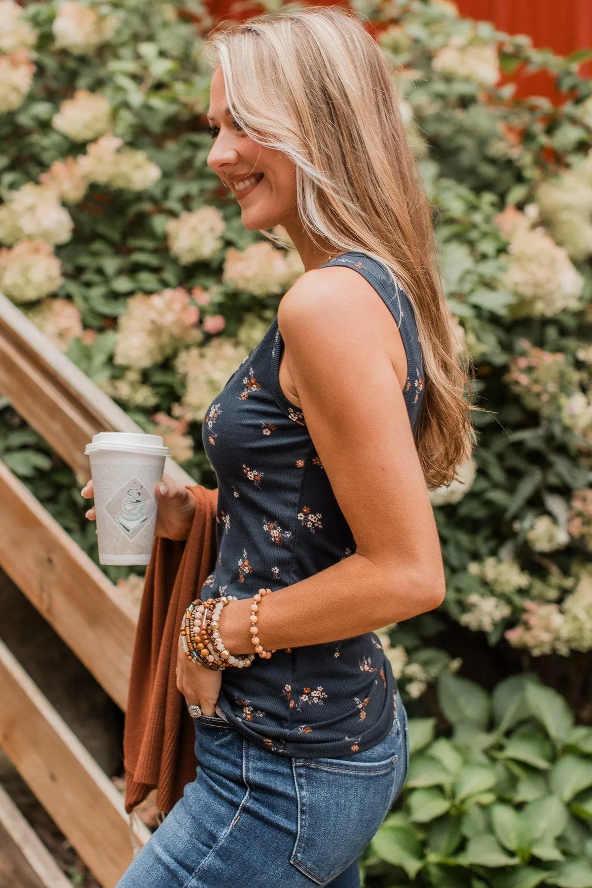 Friends For Life Floral Tank Top- Navy