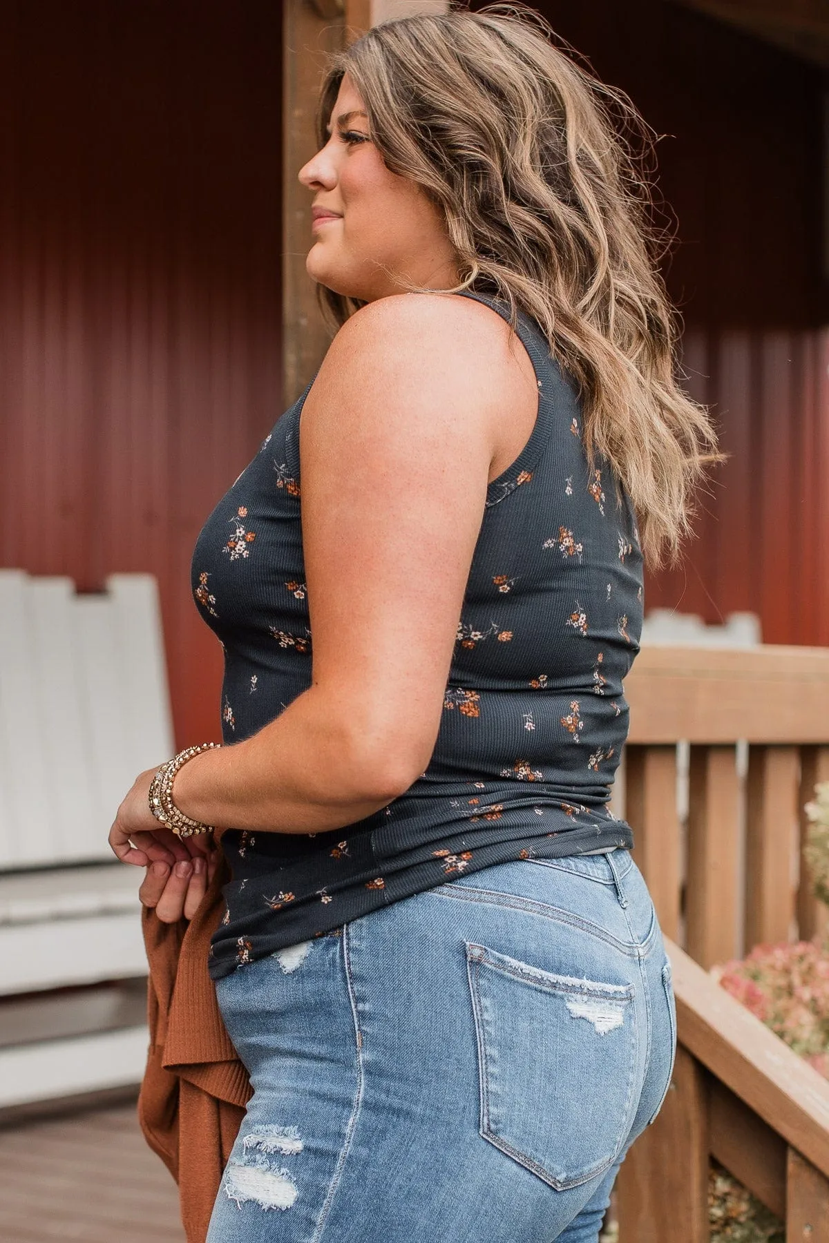 Friends For Life Floral Tank Top- Navy