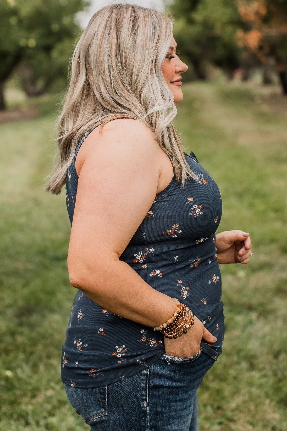 Friends For Life Floral Tank Top- Navy