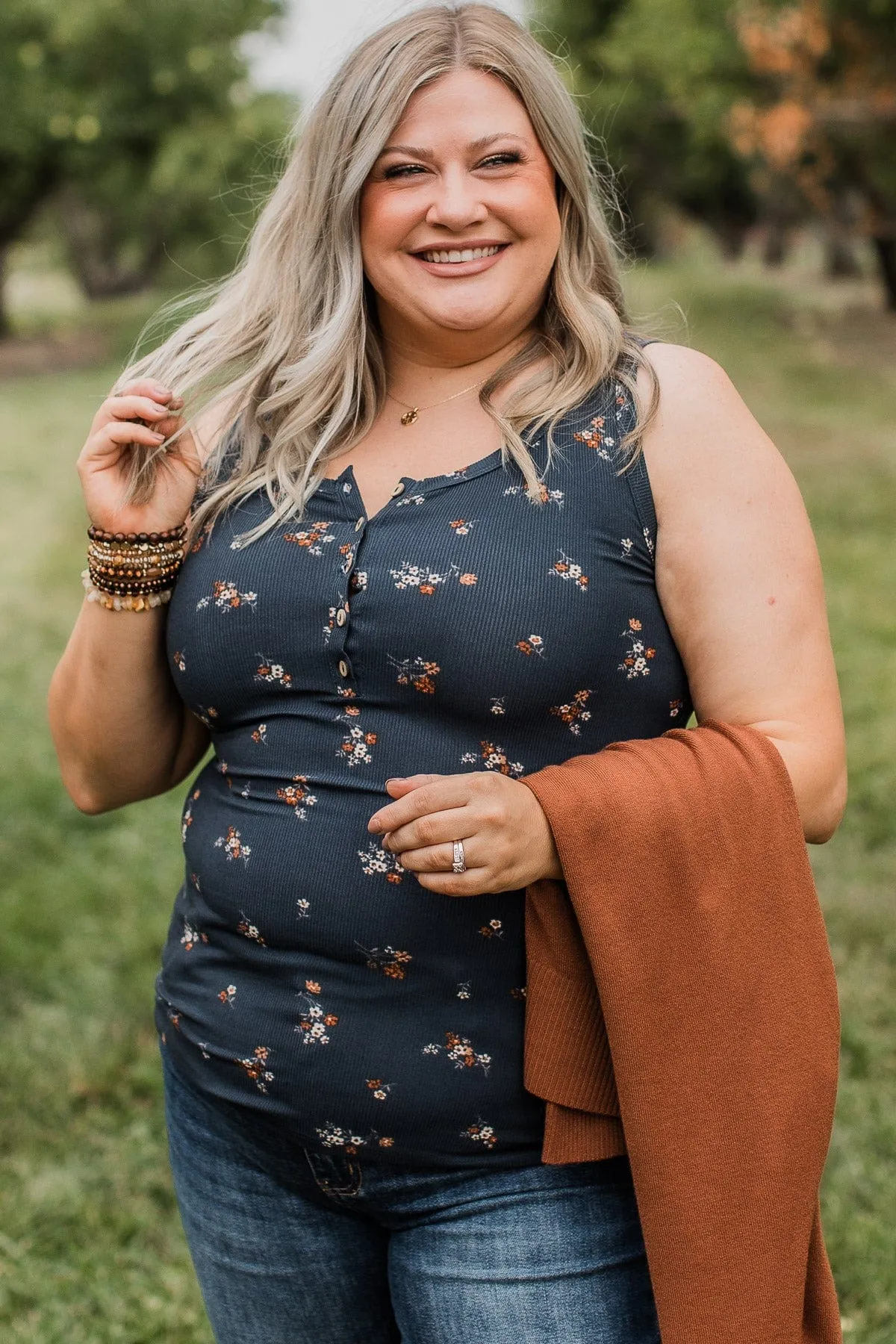 Friends For Life Floral Tank Top- Navy