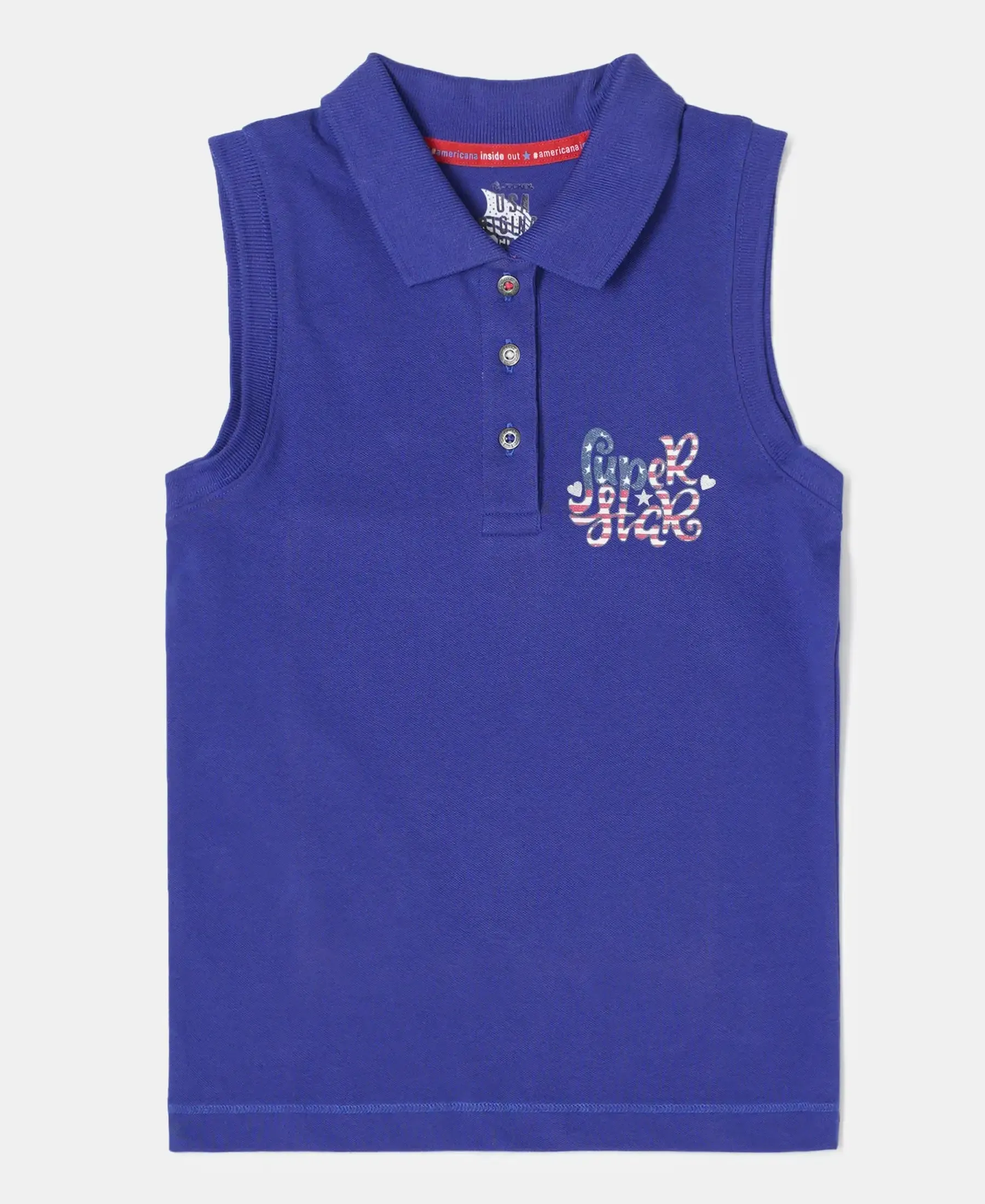 Girl's Super Combed Cotton Elastane Stretch Polo Neck Graphic Printed Tank Top - Indigo Crush