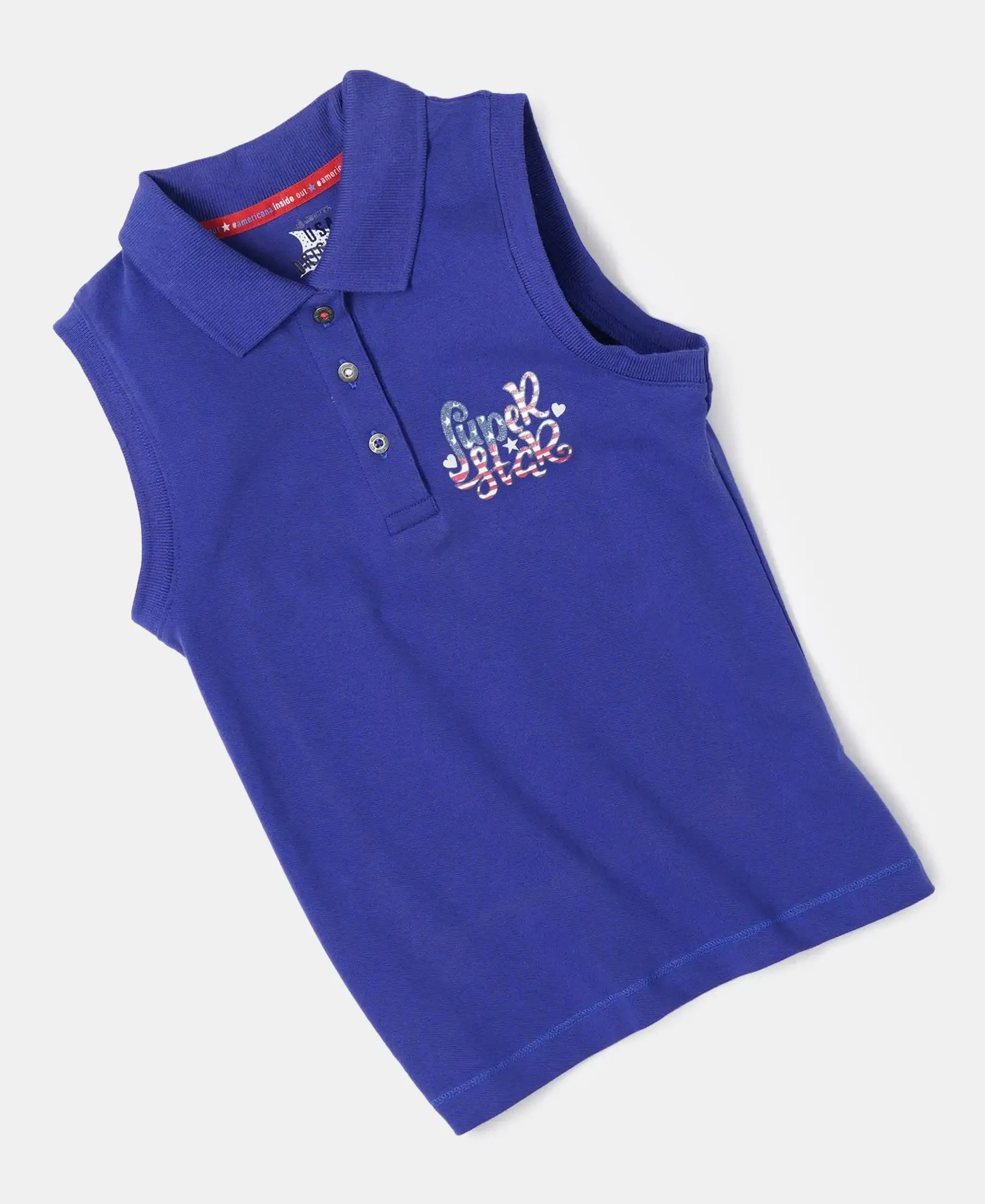 Girl's Super Combed Cotton Elastane Stretch Polo Neck Graphic Printed Tank Top - Indigo Crush