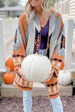Gold Flame Aztec Graphic Open-Front Cardigan