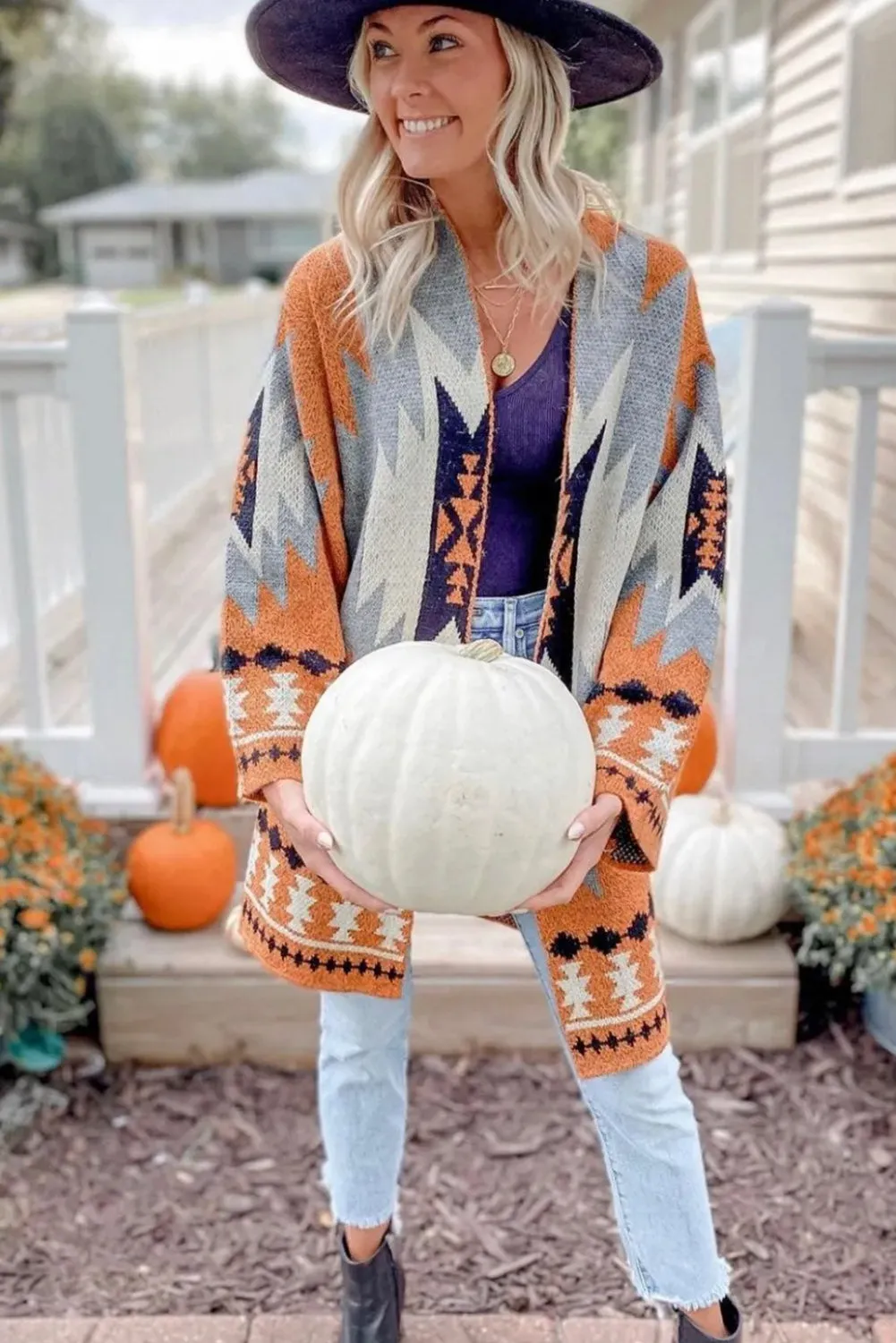 Gold Flame Aztec Graphic Open-Front Cardigan