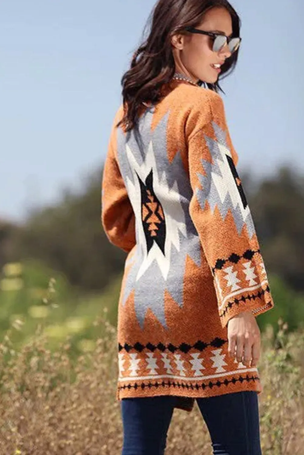 Gold Flame Aztec Graphic Open-Front Cardigan