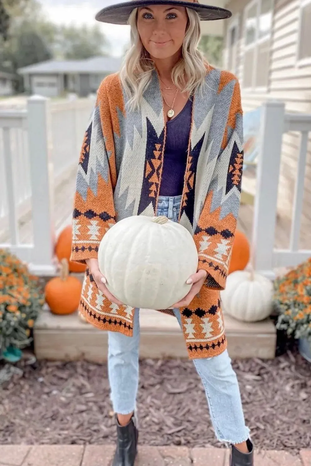 Gold Flame Aztec Graphic Open-Front Cardigan