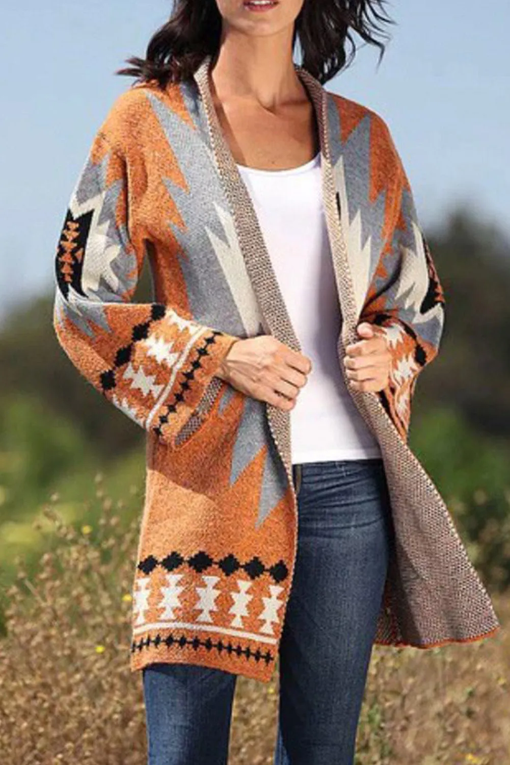 Gold Flame Aztec Graphic Open-Front Cardigan
