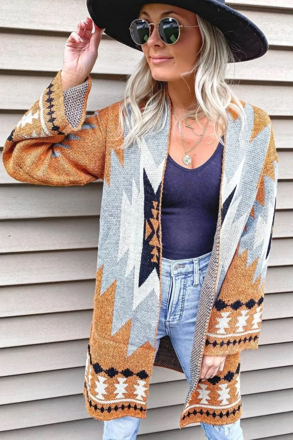 Gold Flame Aztec Graphic Open-Front Cardigan