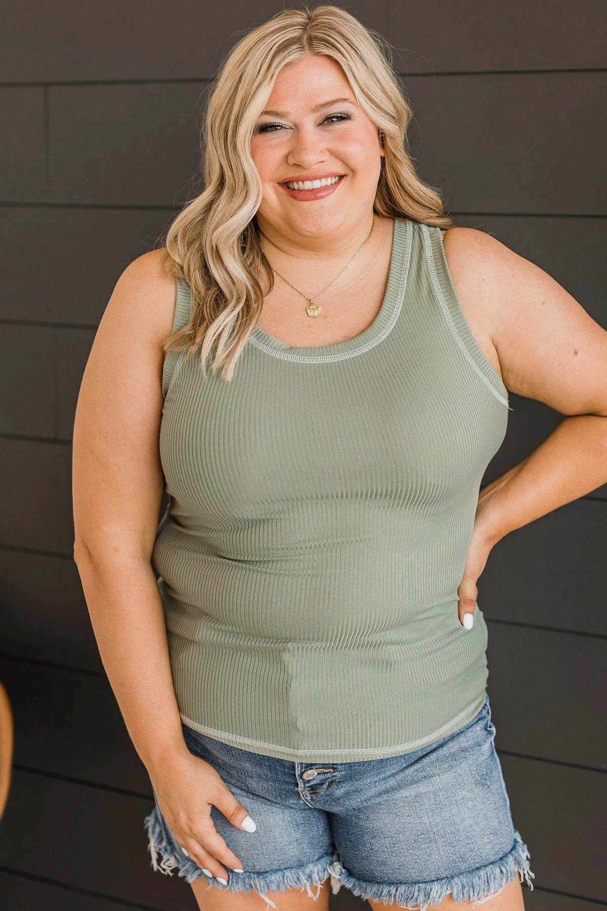 Good Attitude Ribbed Knit Tank Top- Sage