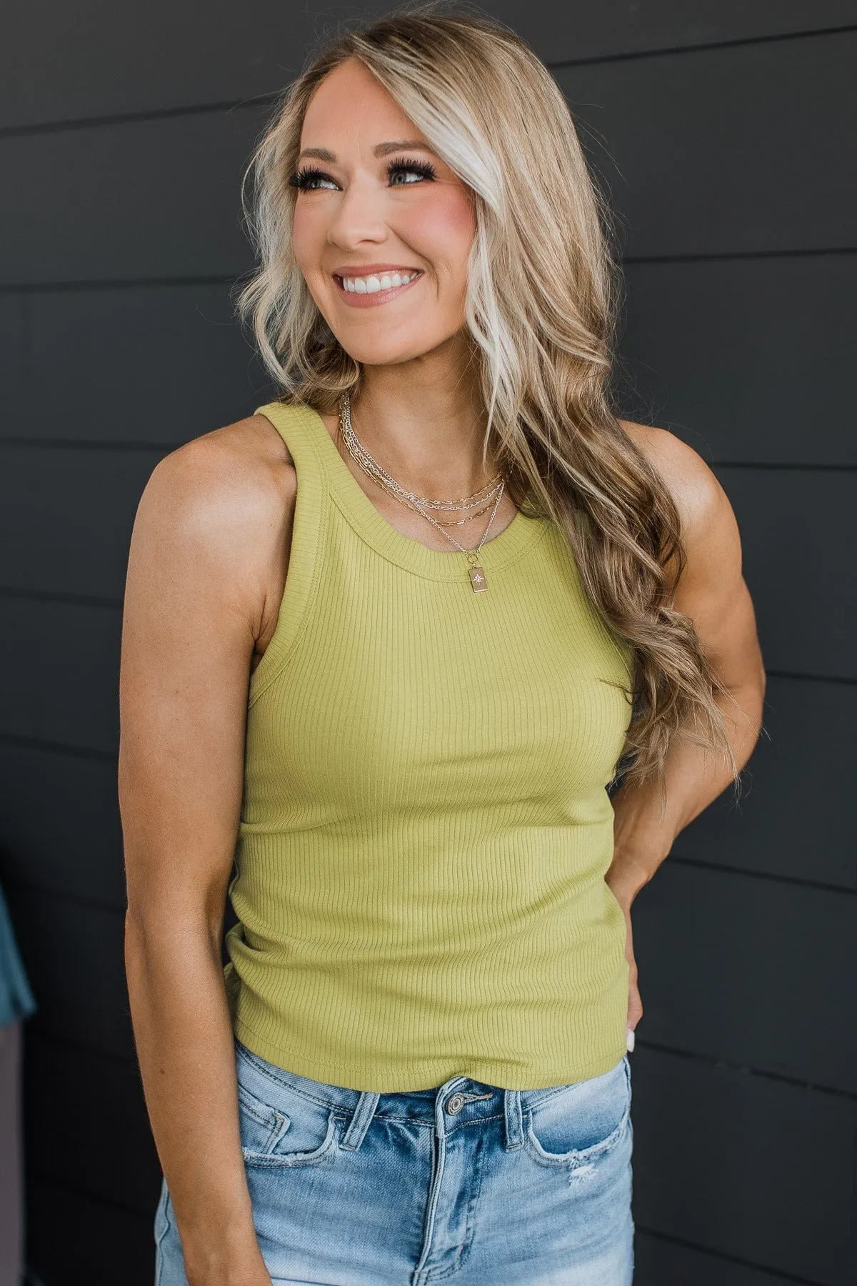 Good To Go Ribbed Knit Tank Top- Pale Olive