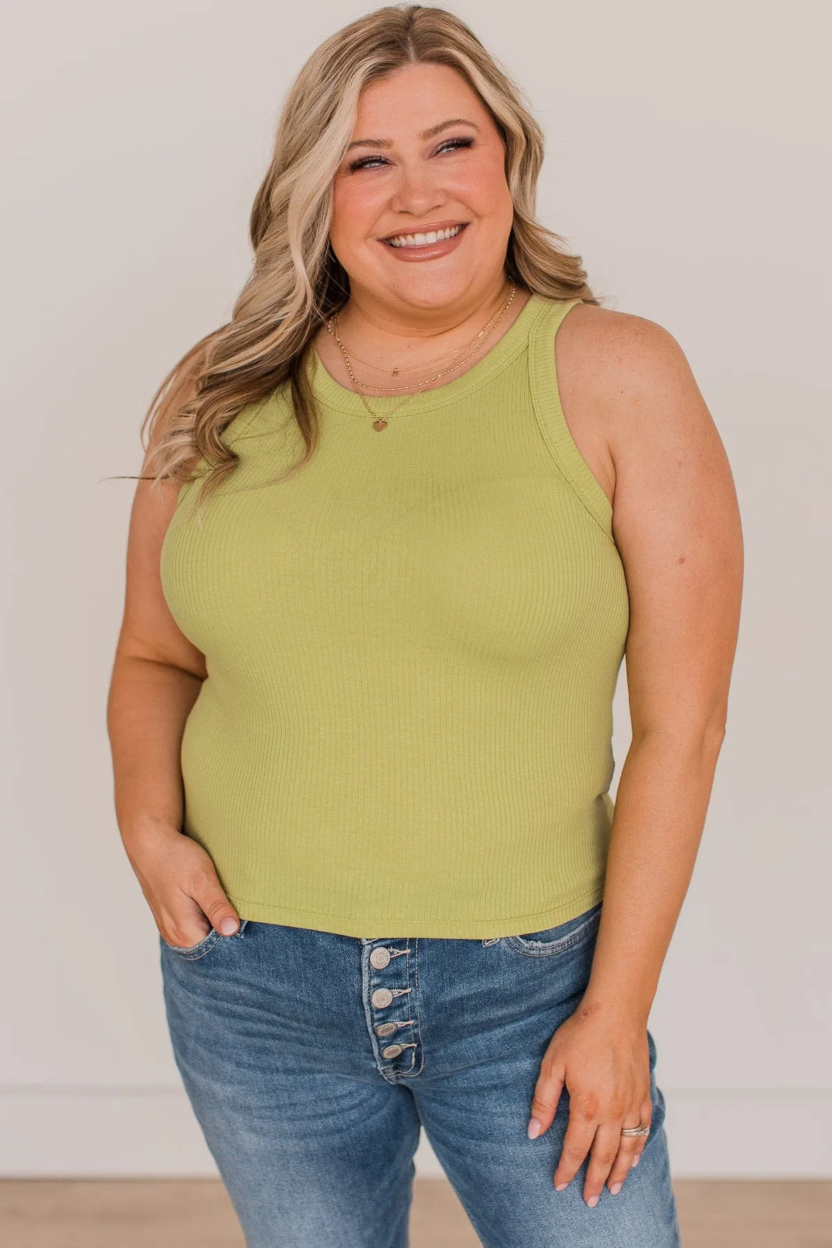 Good To Go Ribbed Knit Tank Top- Pale Olive