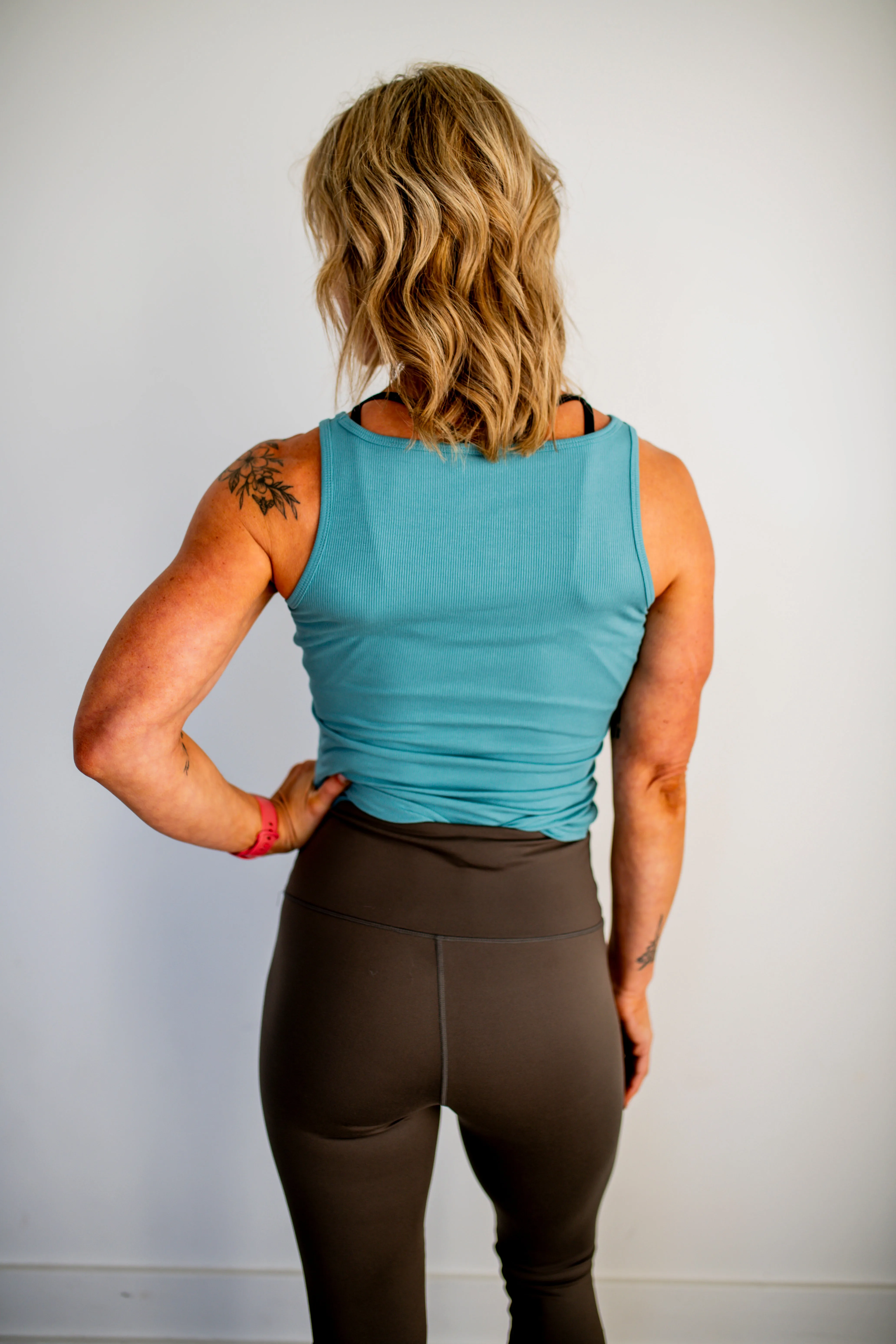 Grey Teal Square Neck Ribbed Tank Top