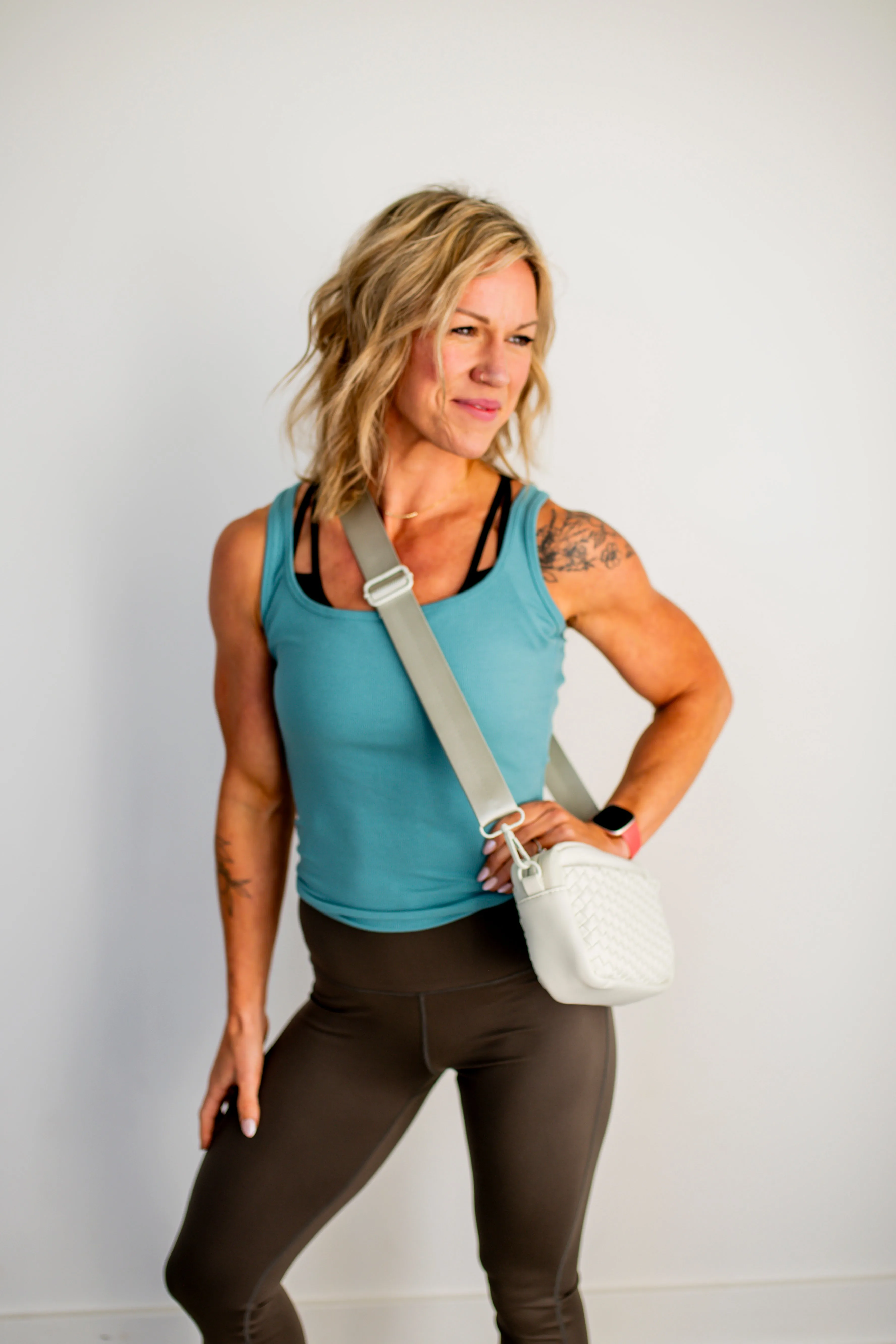 Grey Teal Square Neck Ribbed Tank Top
