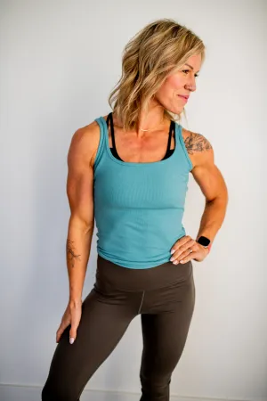 Grey Teal Square Neck Ribbed Tank Top