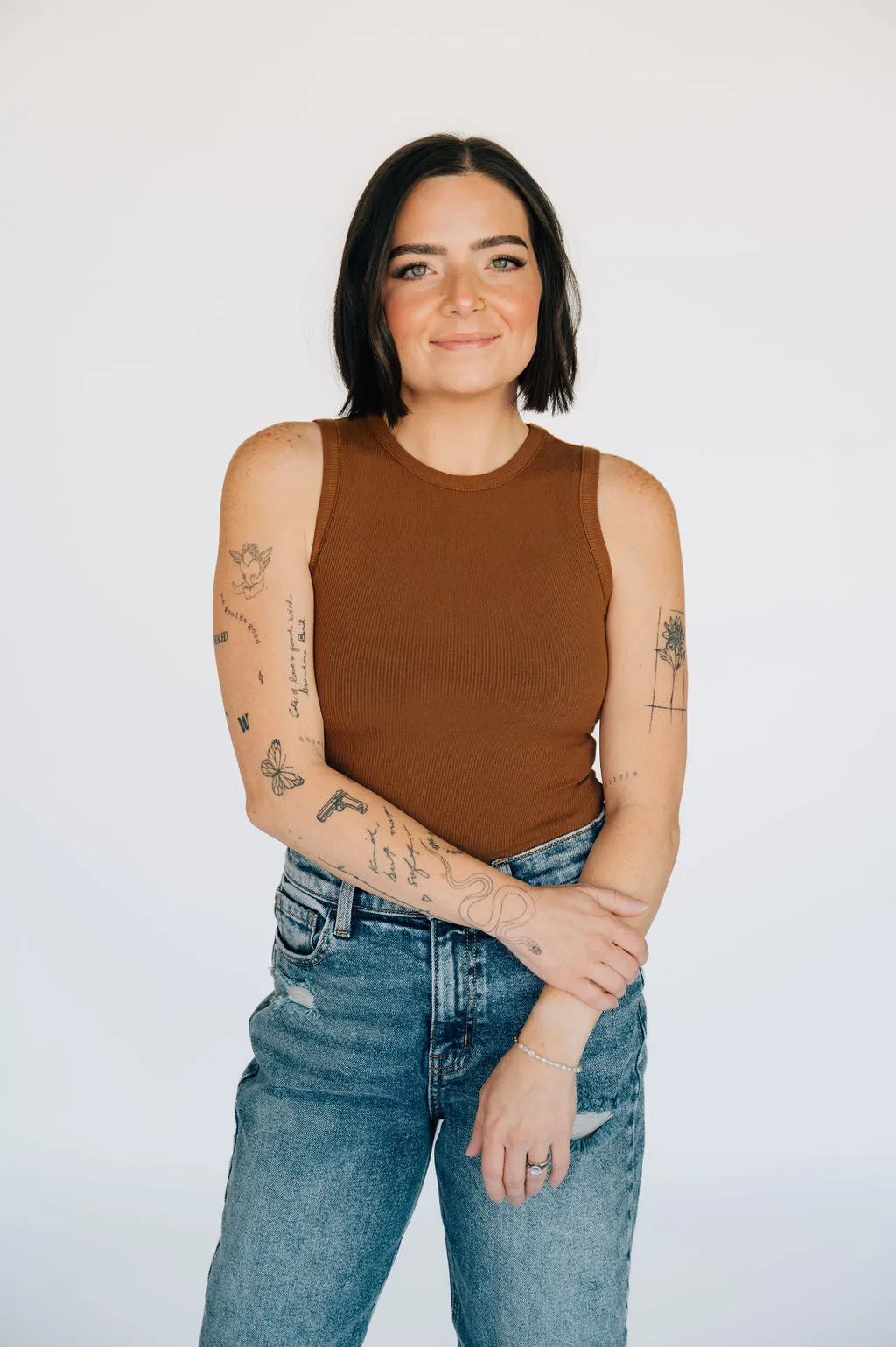 High Neck Ribbed Tank Bodysuit - Chestnut
