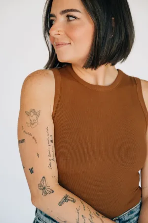 High Neck Ribbed Tank Bodysuit - Chestnut