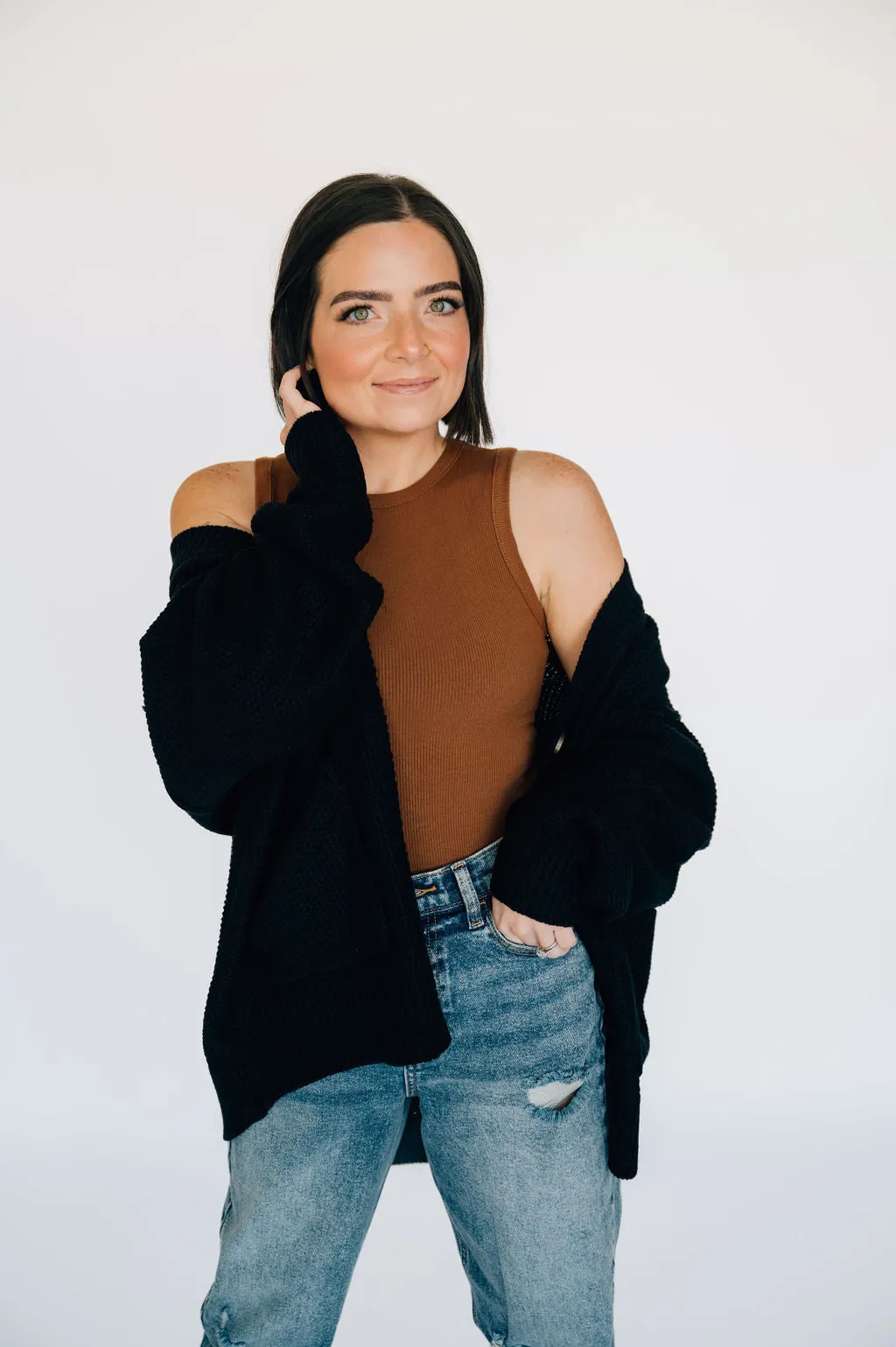 High Neck Ribbed Tank Bodysuit - Chestnut