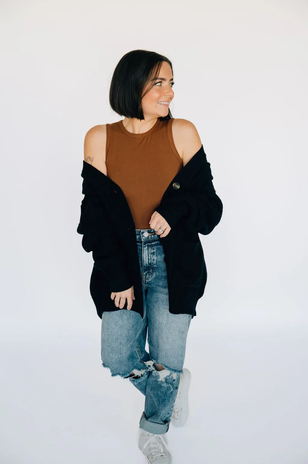High Neck Ribbed Tank Bodysuit - Chestnut