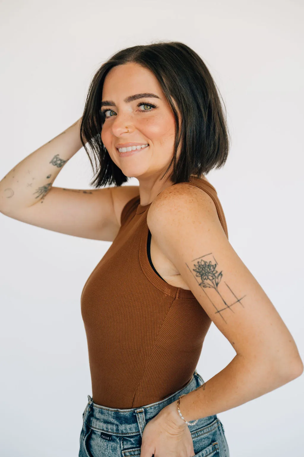 High Neck Ribbed Tank Bodysuit - Chestnut