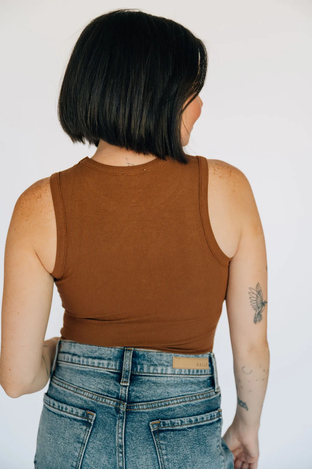 High Neck Ribbed Tank Bodysuit - Chestnut
