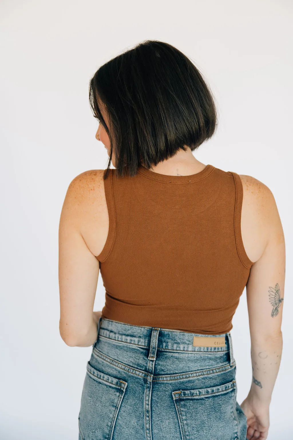 High Neck Ribbed Tank Bodysuit - Chestnut