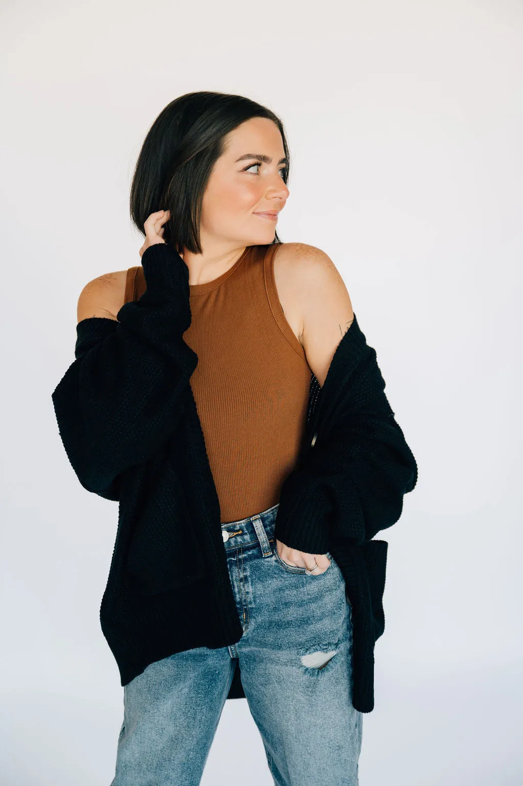 High Neck Ribbed Tank Bodysuit - Chestnut