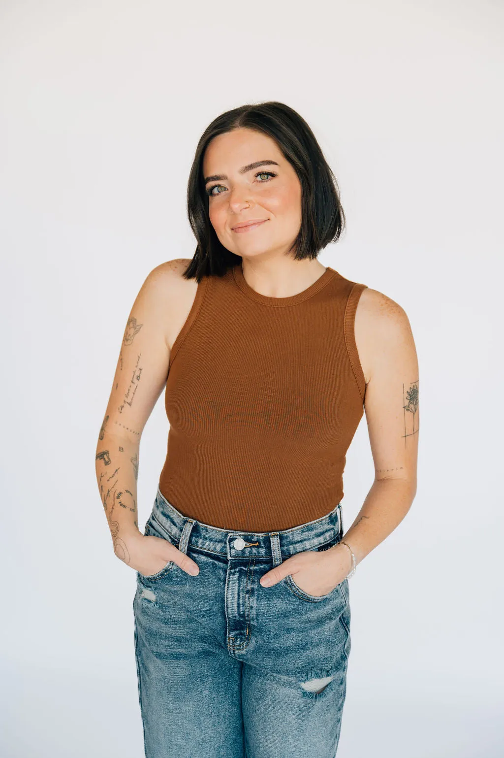 High Neck Ribbed Tank Bodysuit - Chestnut