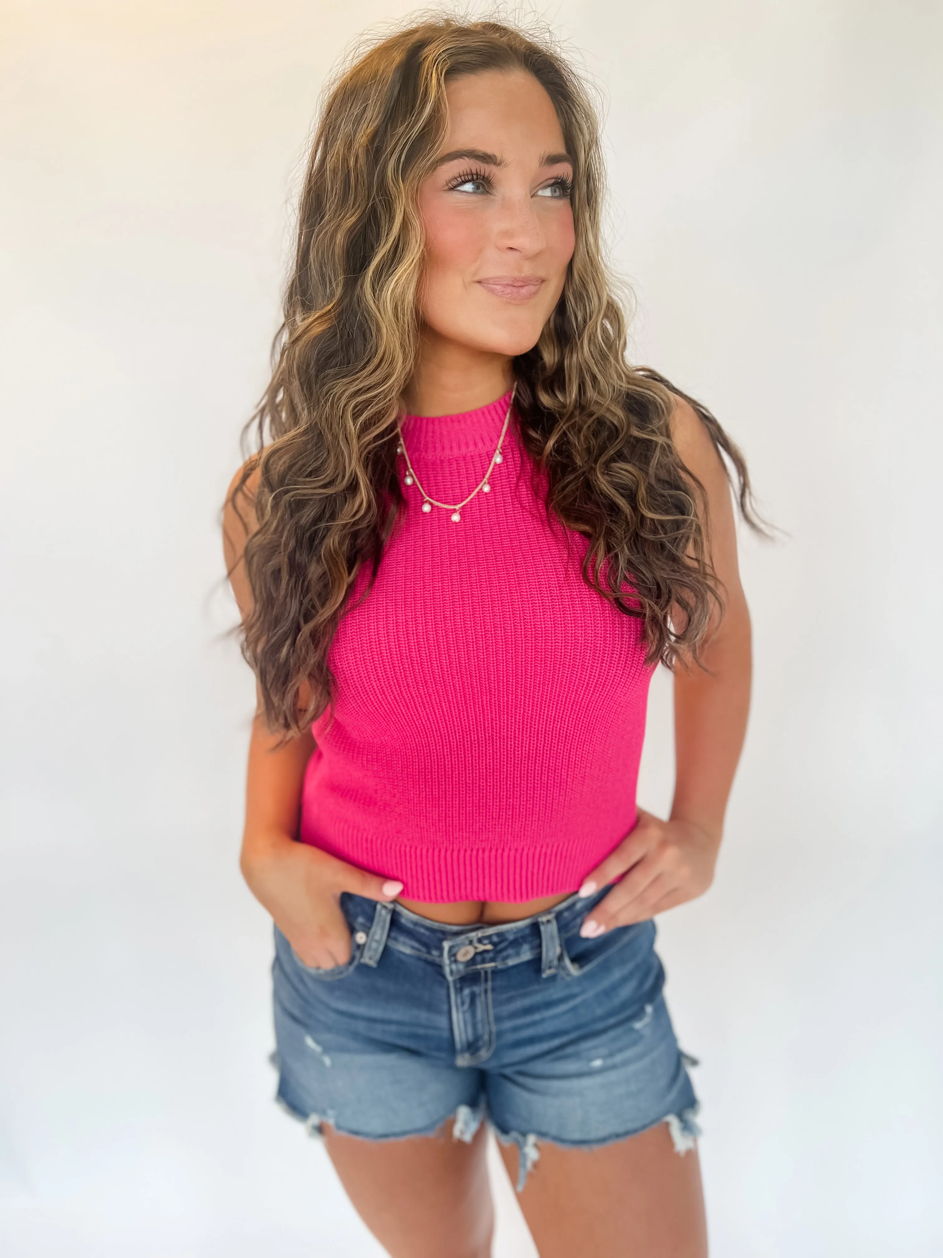 Jaycee Halter Sweater Tank - Fuchsia
