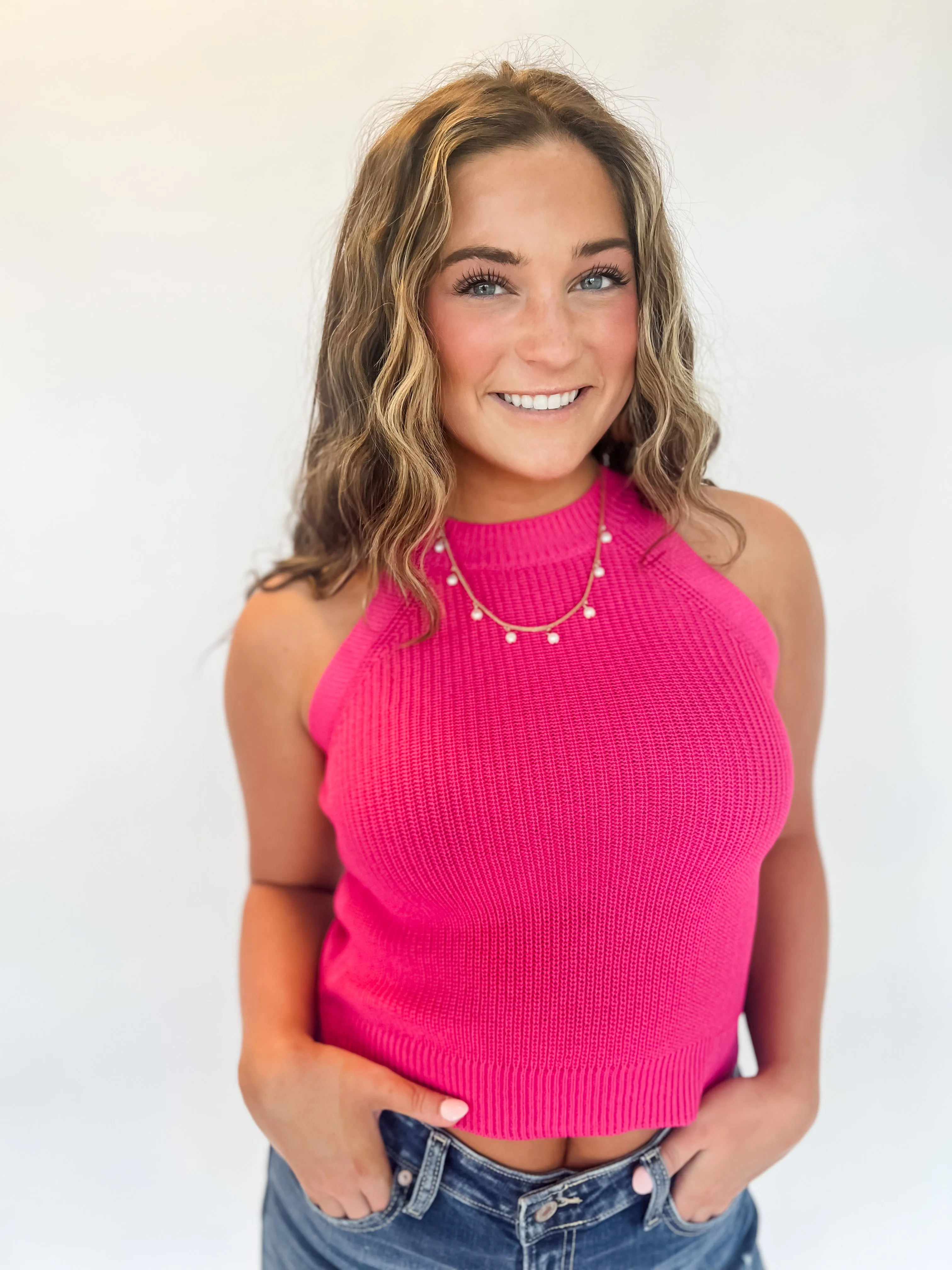 Jaycee Halter Sweater Tank - Fuchsia