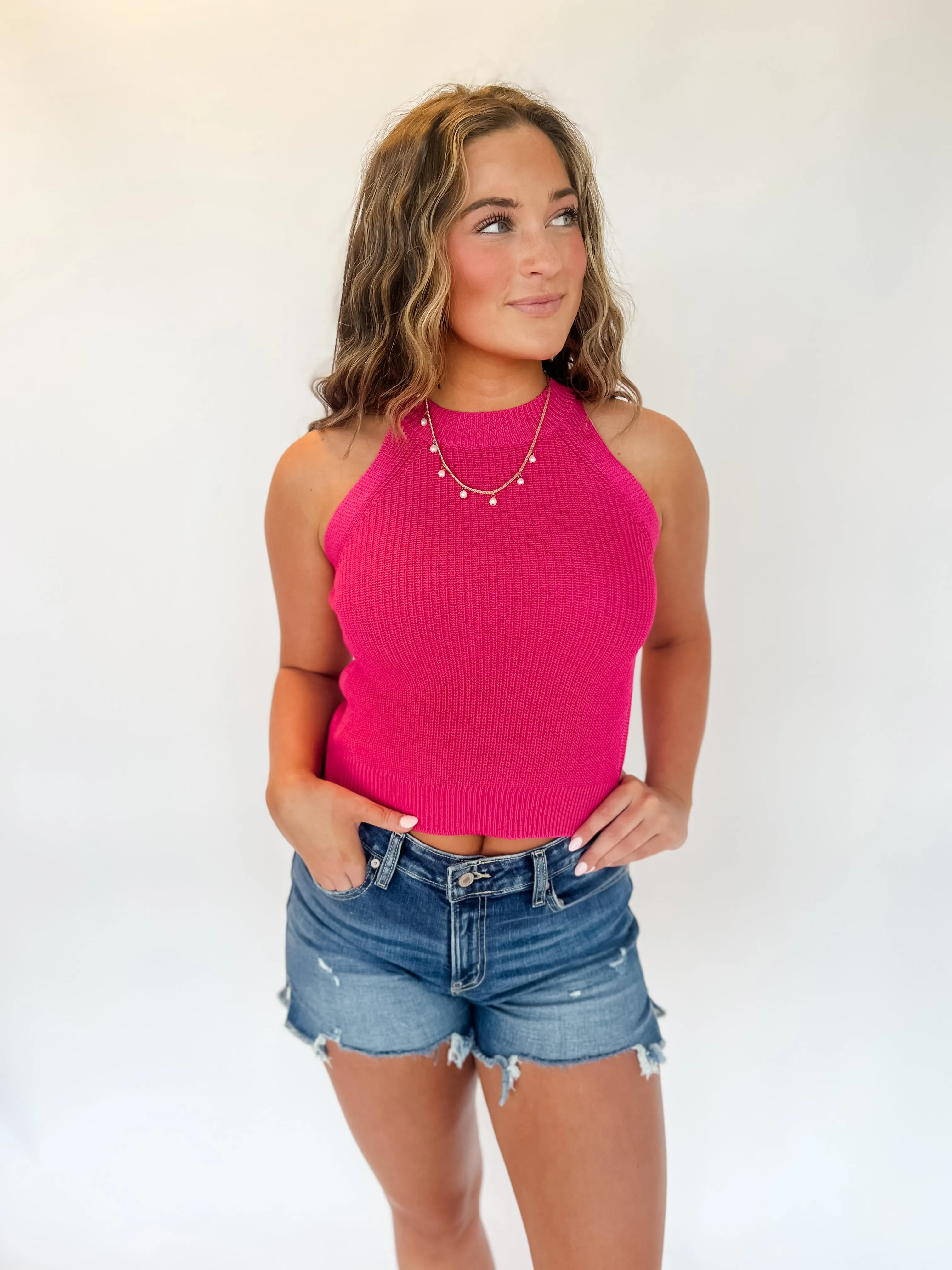 Jaycee Halter Sweater Tank - Fuchsia
