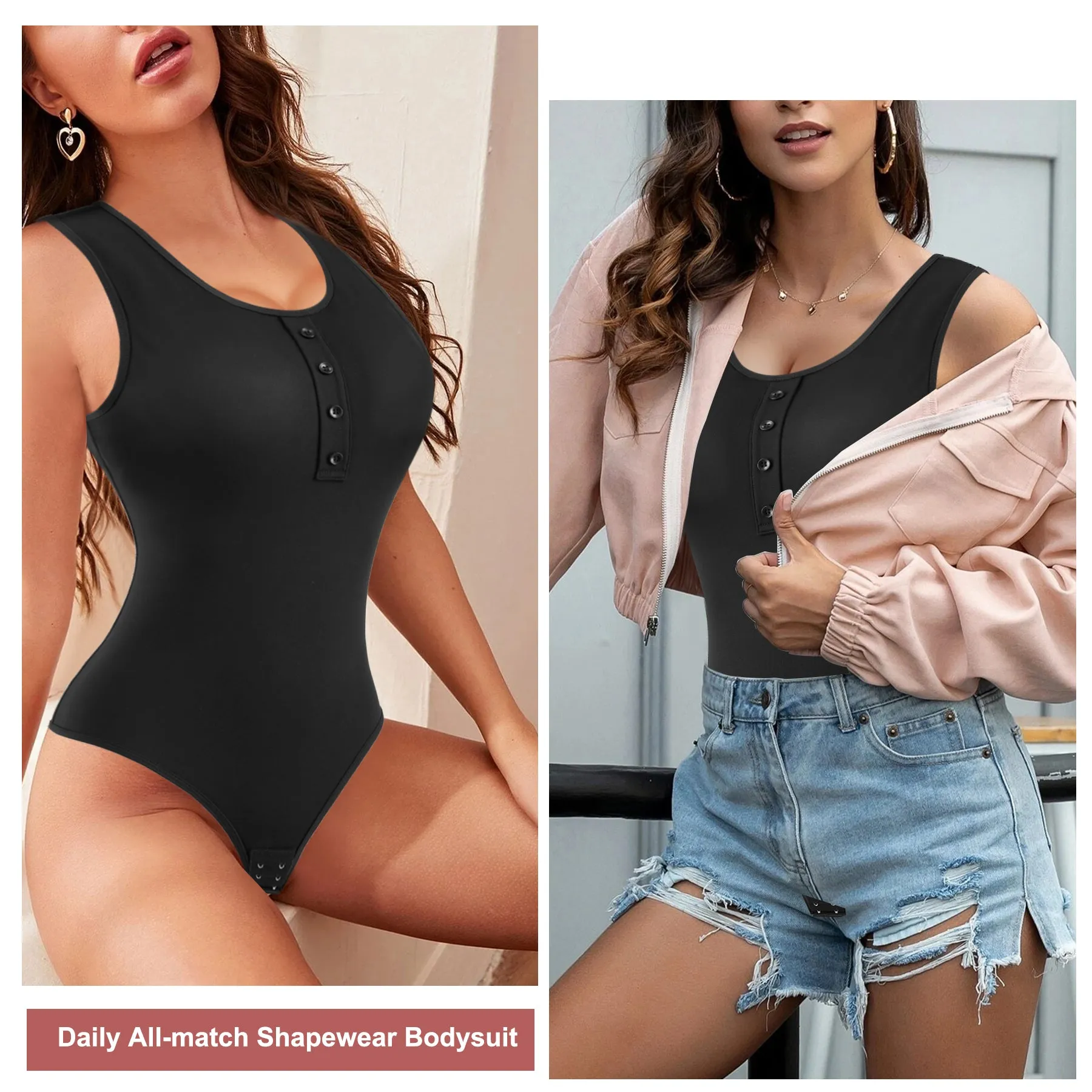 Junlan Sleeveless Bodysuit Shapewear for Women Scoop Neck Button