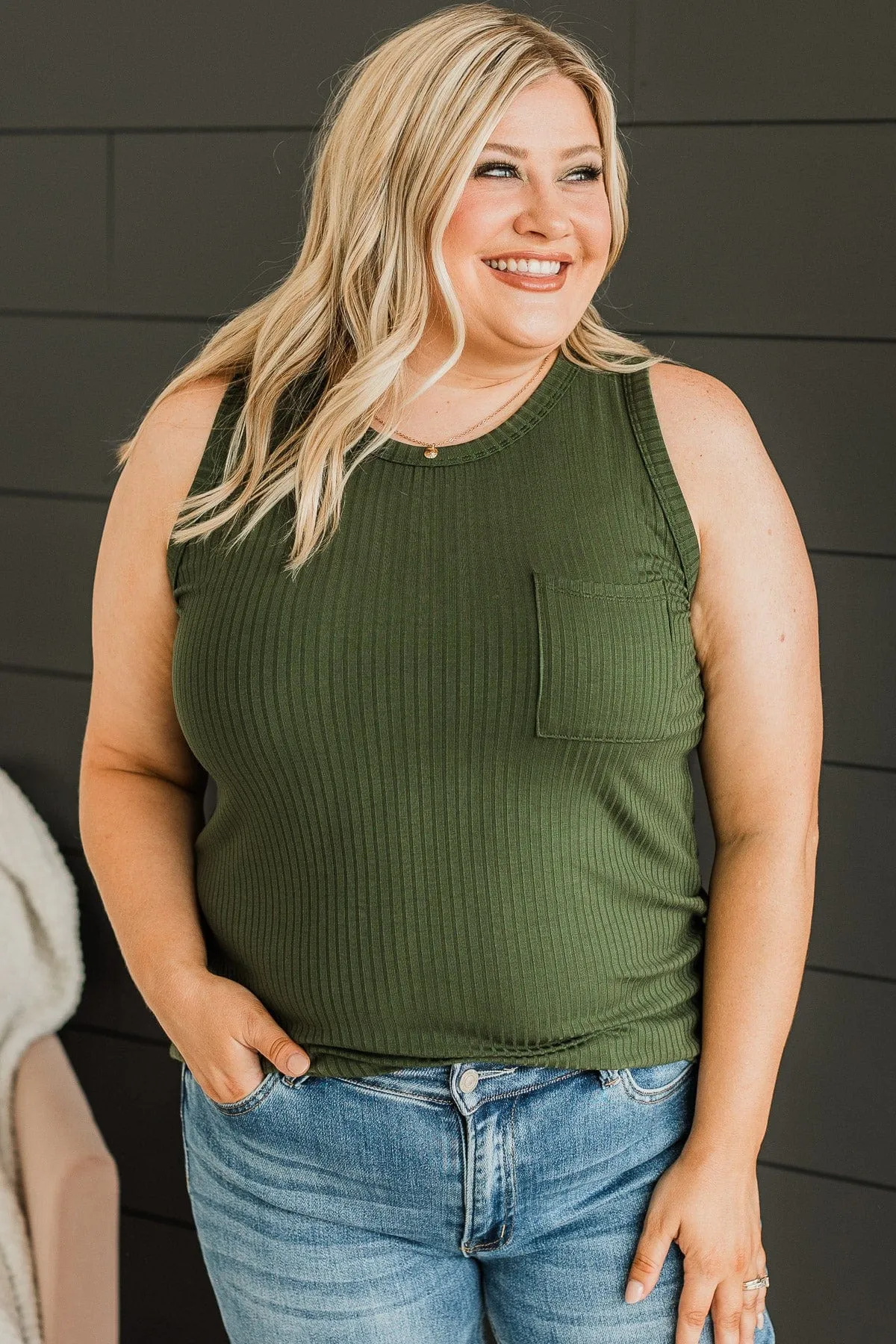Just Peachy Ribbed Knit Tank Top- Dark Olive