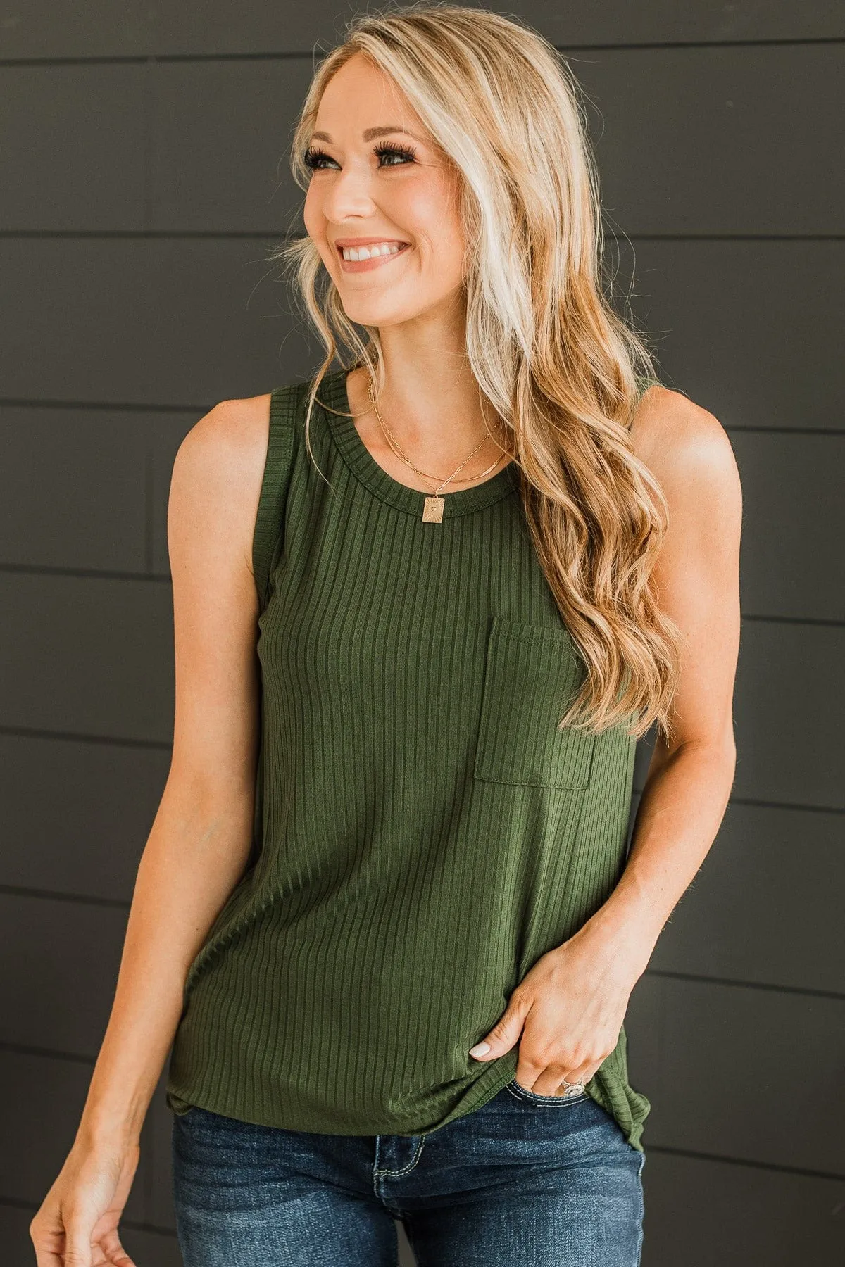 Just Peachy Ribbed Knit Tank Top- Dark Olive