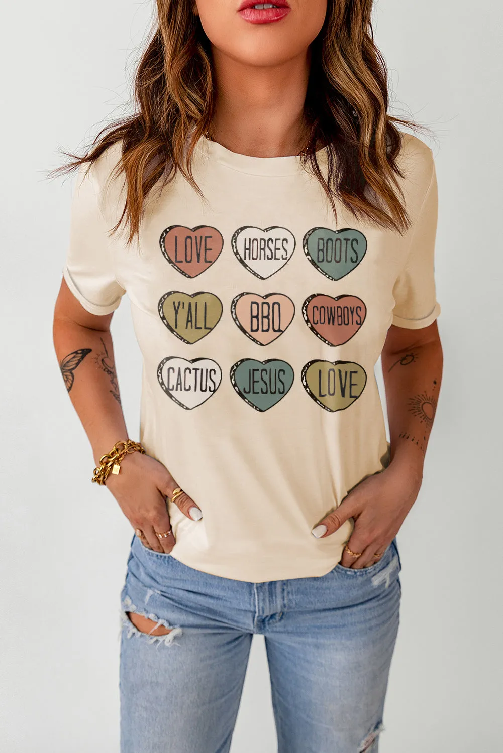 Khaki Heart Shaped Graphic Cowgirl T Shirt
