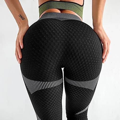 LASLULU Ruched Scrunch Butt Leggings for Womens Butt Lift Yoga Pants Slimming Booty Textured Workout Leggings Running Tights(Black White Medium)