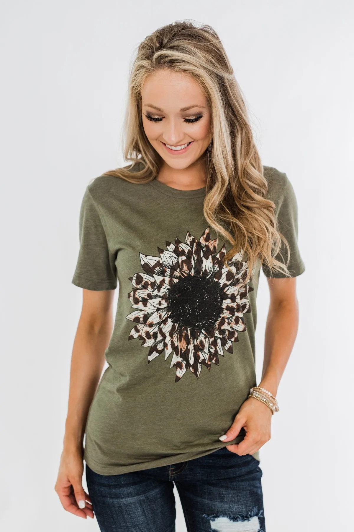 Leopard Print Sunflower Graphic Tee- Olive