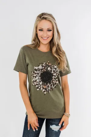 Leopard Print Sunflower Graphic Tee- Olive