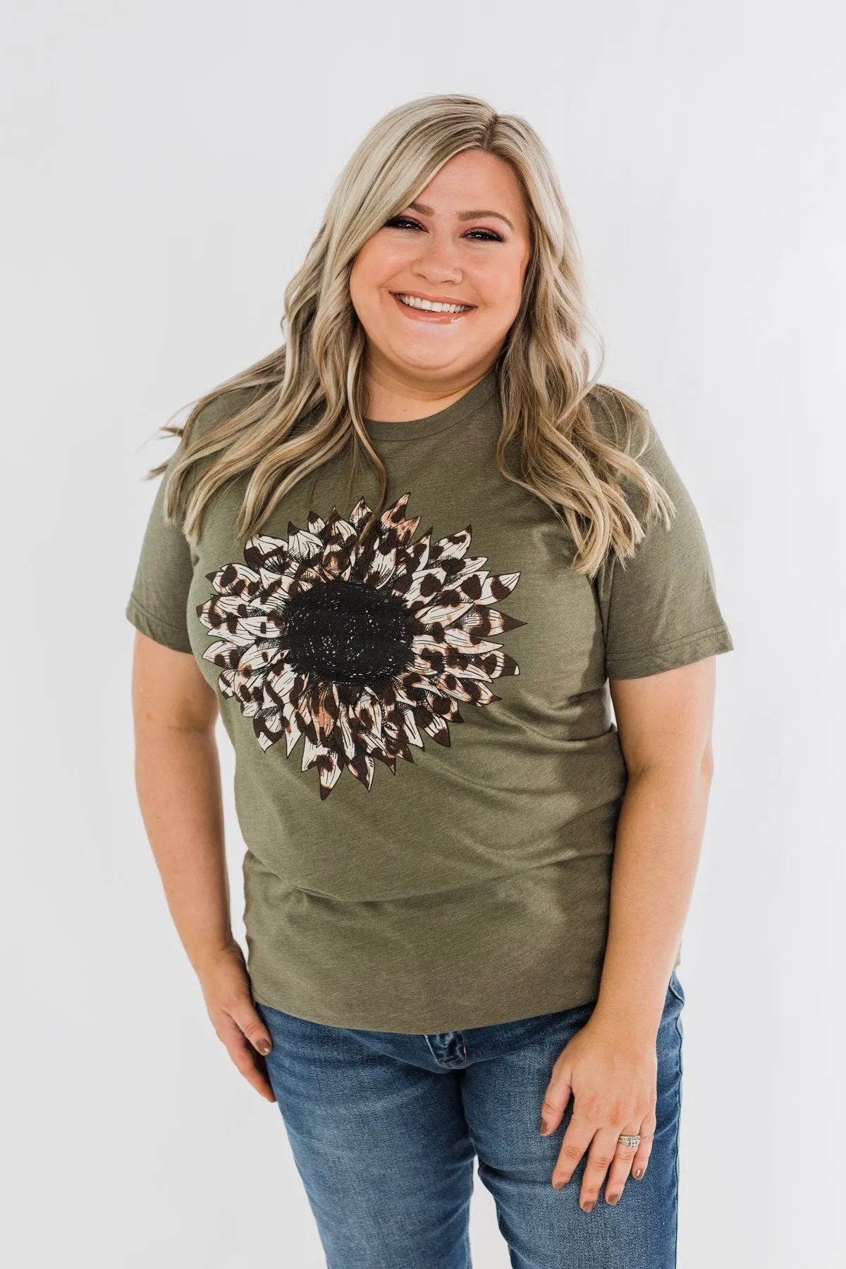 Leopard Print Sunflower Graphic Tee- Olive