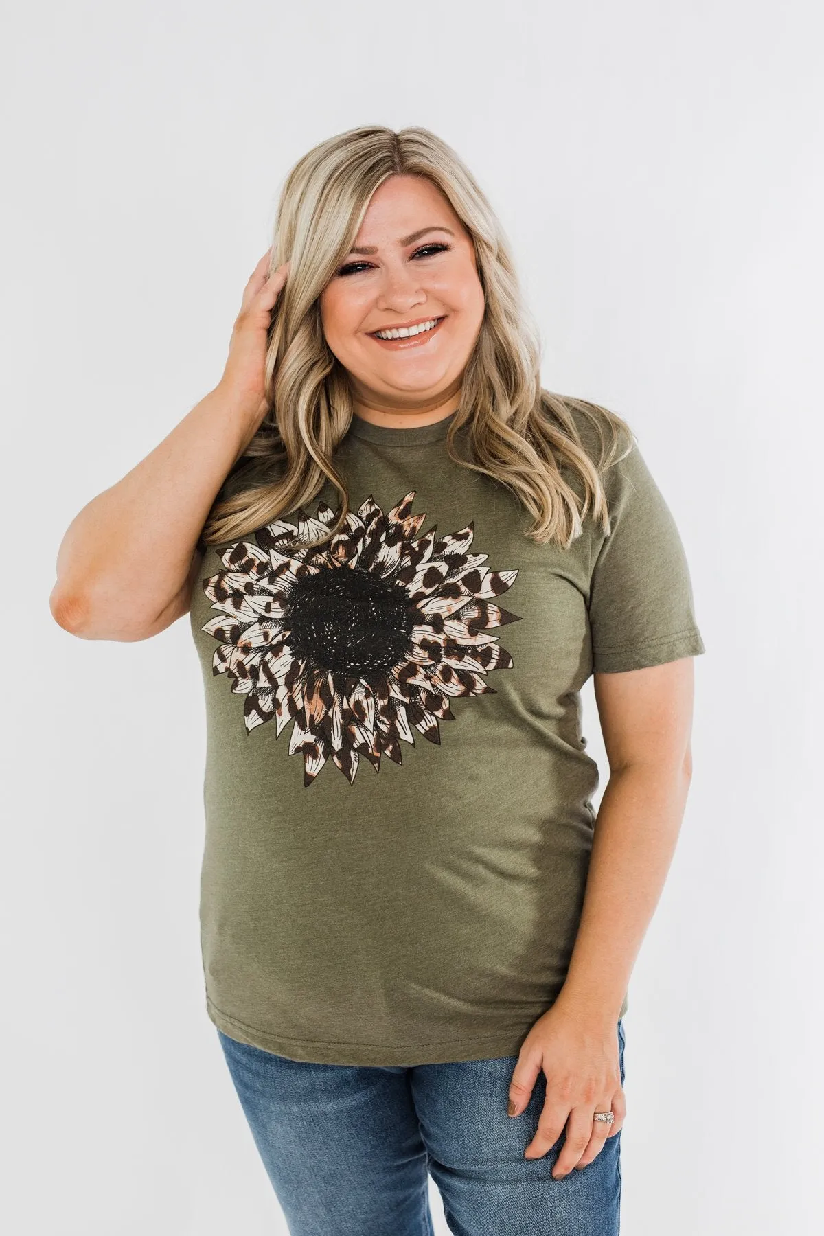 Leopard Print Sunflower Graphic Tee- Olive