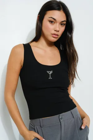 Martini Embroidered Tank- Black