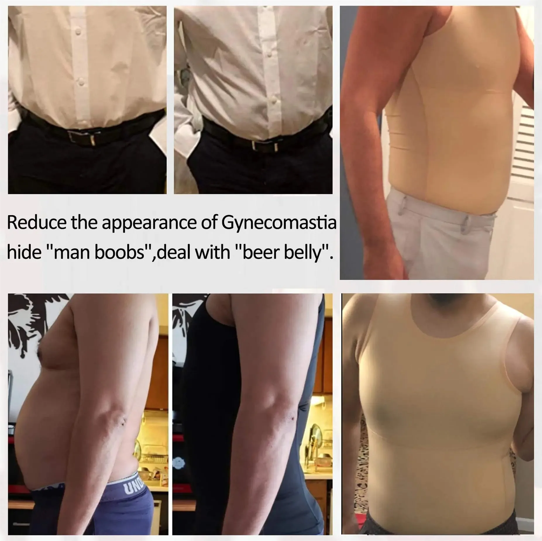 Mens Compression Shirt Slimming Body Shaper Vest Workout Tank Tops Abs Abdomen Undershirts Large Beige