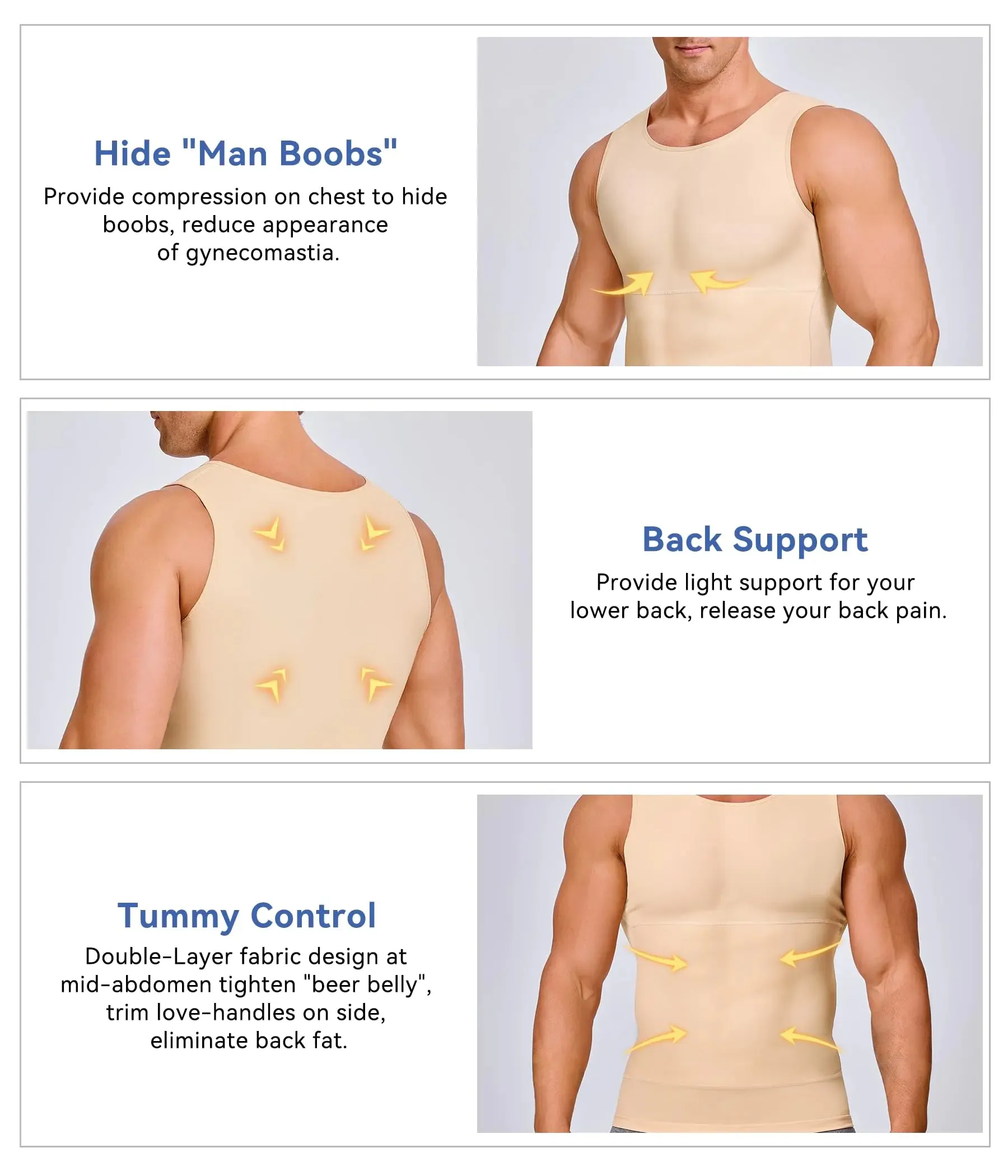Mens Compression Shirt Slimming Body Shaper Vest Workout Tank Tops Abs Abdomen Undershirts Large Beige