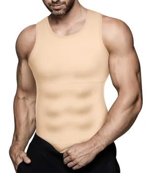 Mens Compression Shirt Slimming Body Shaper Vest Workout Tank Tops Abs Abdomen Undershirts Large Beige