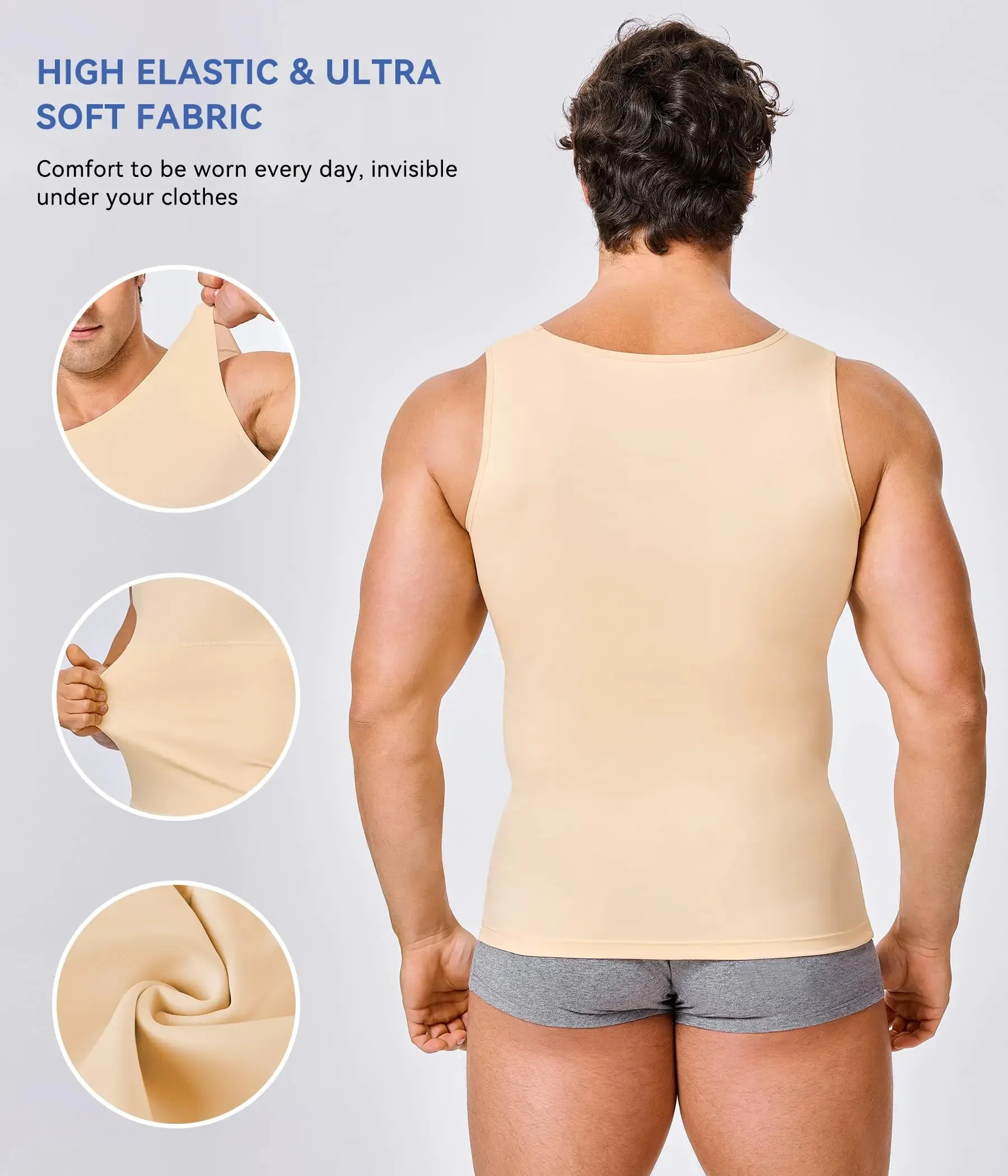 Mens Compression Shirt Slimming Body Shaper Vest Workout Tank Tops Abs Abdomen Undershirts Large Beige