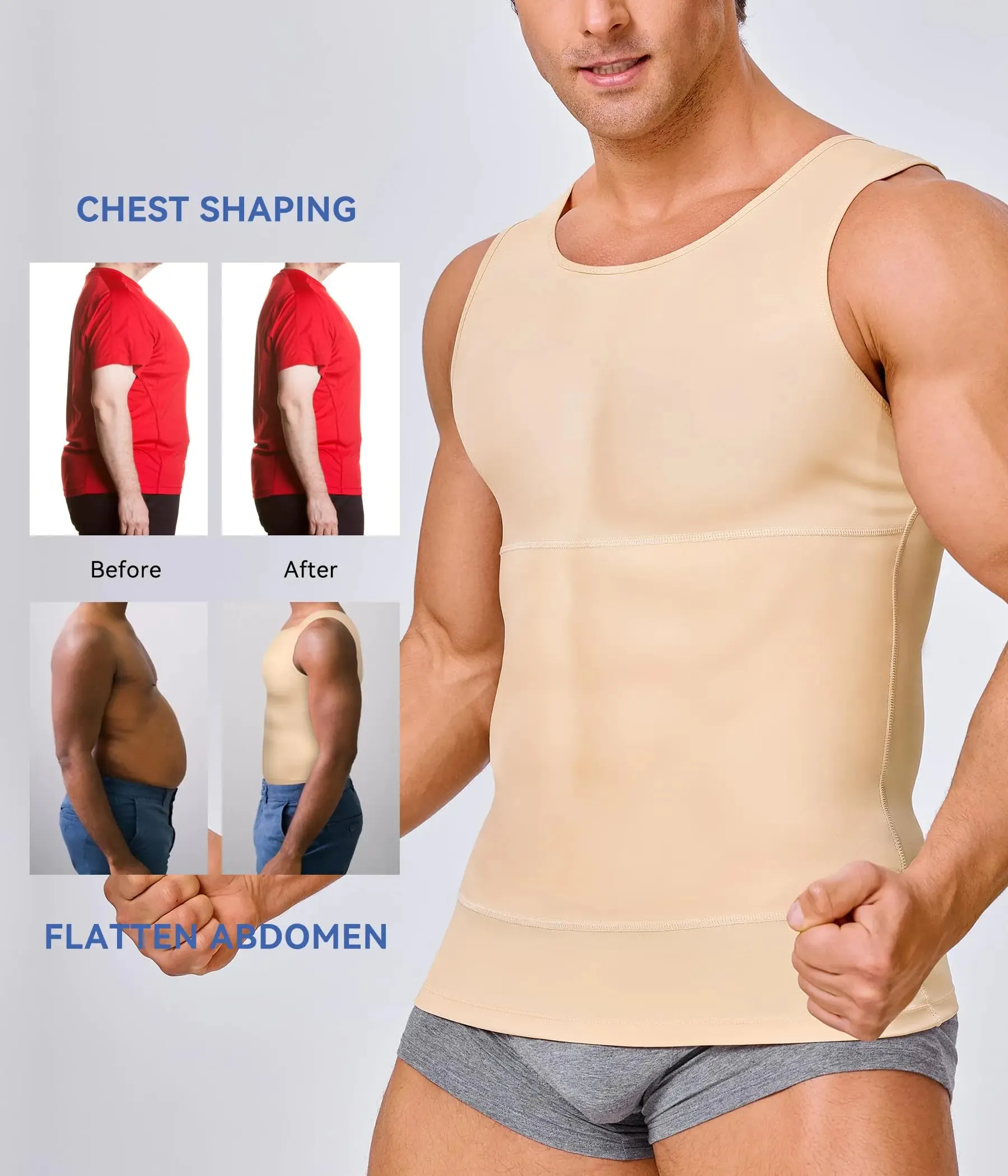 Mens Compression Shirt Slimming Body Shaper Vest Workout Tank Tops Abs Abdomen Undershirts Large Beige