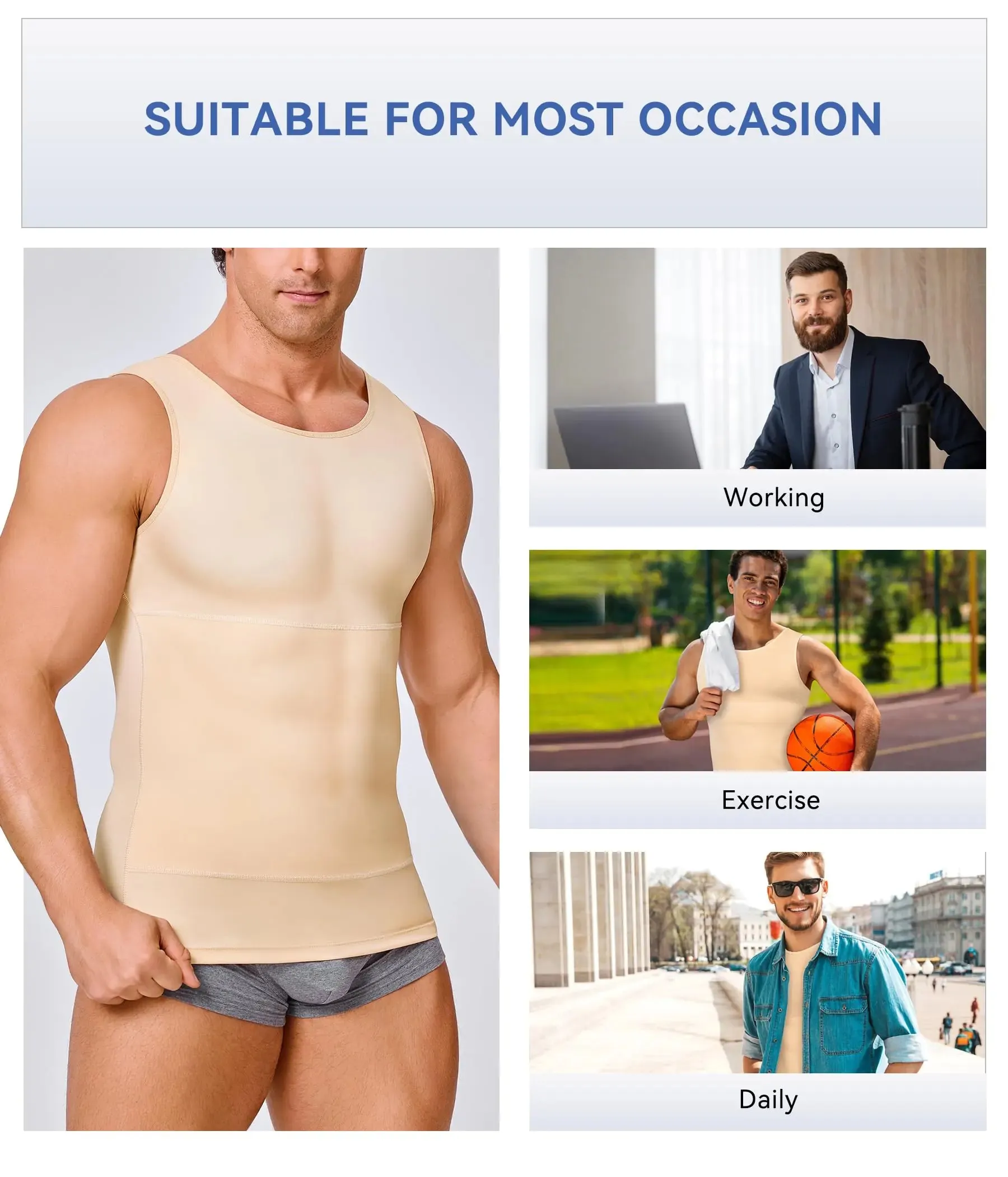 Mens Compression Shirt Slimming Body Shaper Vest Workout Tank Tops Abs Abdomen Undershirts Large Beige