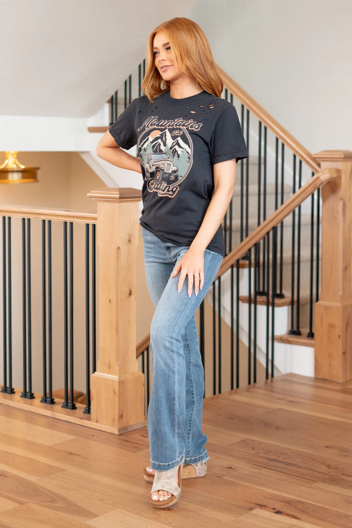Mountains Are Calling Distressed Graphic Tee - Black