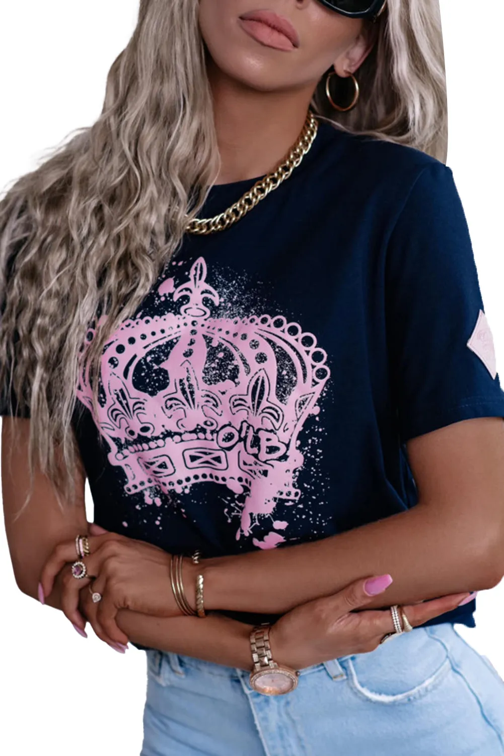 Navy Blue Crown Graphic Shiny Rhombus Sleeve T Shirt