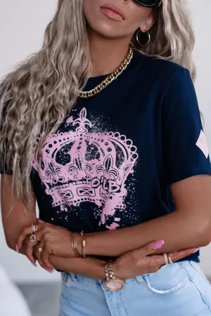 Navy Blue Crown Graphic Shiny Rhombus Sleeve T Shirt